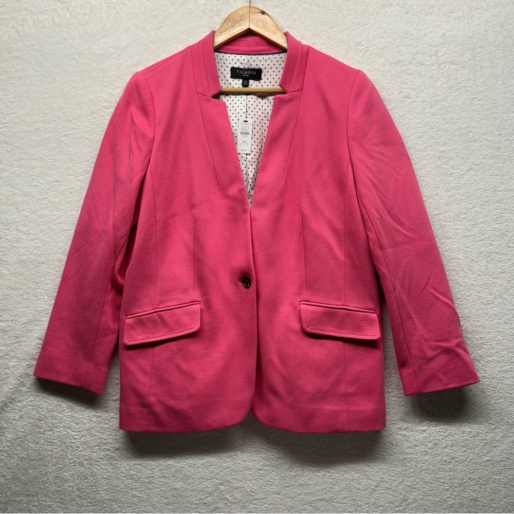 Talbots PETITE Pink No Lapel One Button Blazer Jacket, Polka-Dot Lining Size 16P